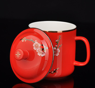 廠家 醴陵中國紅瓷 梅花紋陶瓷杯子 質優價廉團購禮品瓷